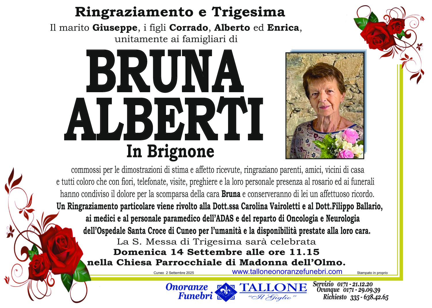 <br />
<b>Warning</b>:  Undefined variable $info in <b>/home/tallone/public_html/ringraziamenti.php</b> on line <b>68</b><br />
Bruna Alberti